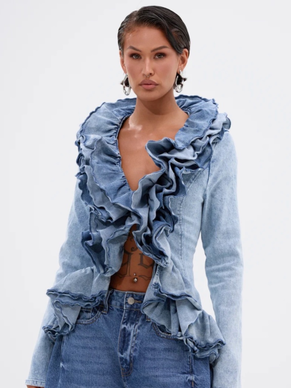 Light Wash Dramatic Ruffle Denim Jacket